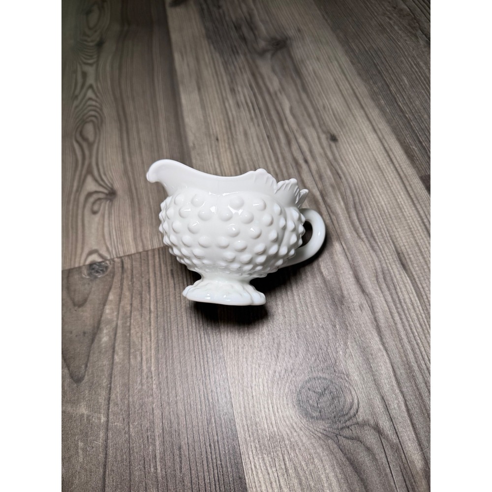 Fenton Hobnail Milk Glass Creamer Pitcher White Vintage Footed Scalloped Rim